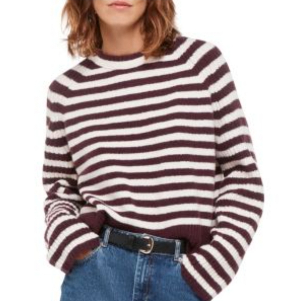 Whistles Maroon and Cream Striped Crewneck Sweater